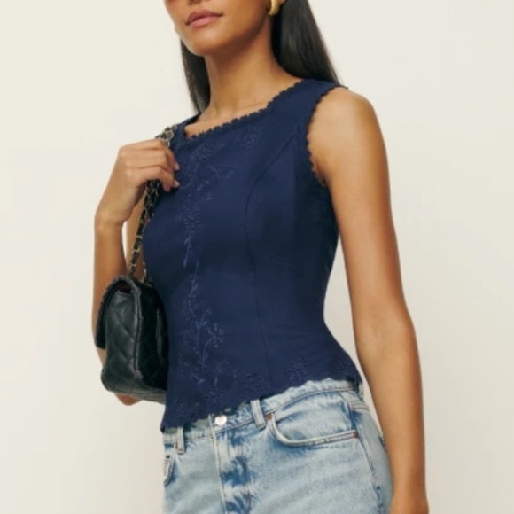 NEW Reformation Lorie French Linen Top - Danube Navy - Picture 1 of 9